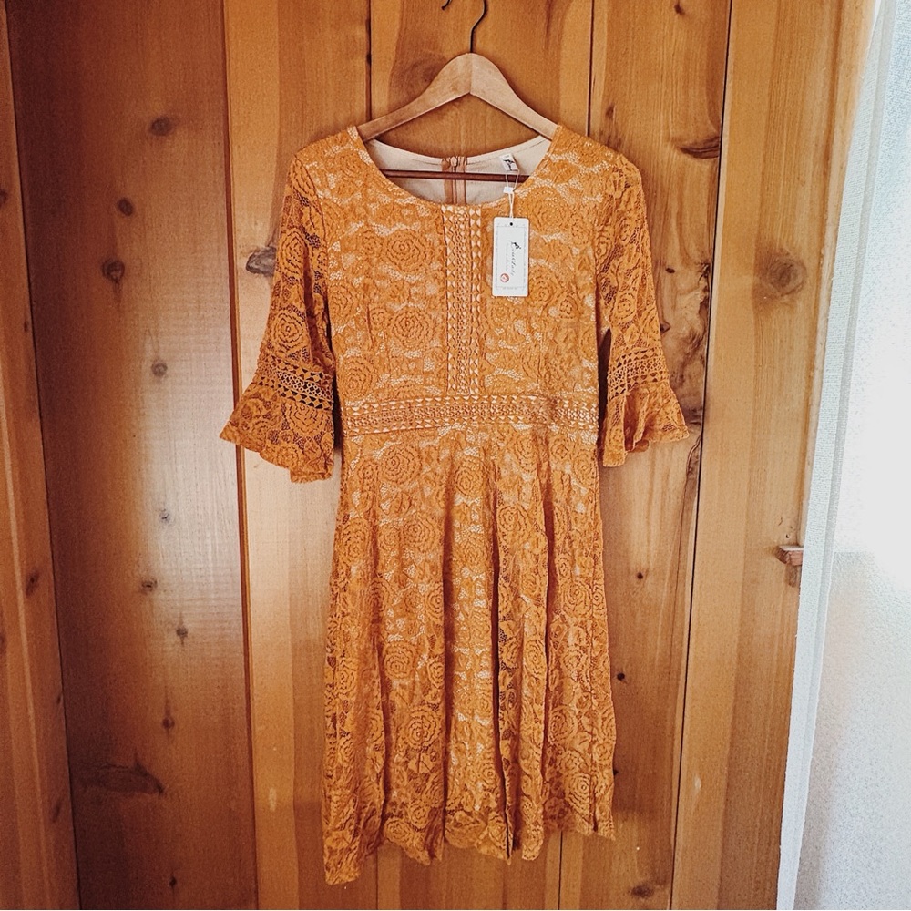 Elegant Mustard Yellow Lace Dress